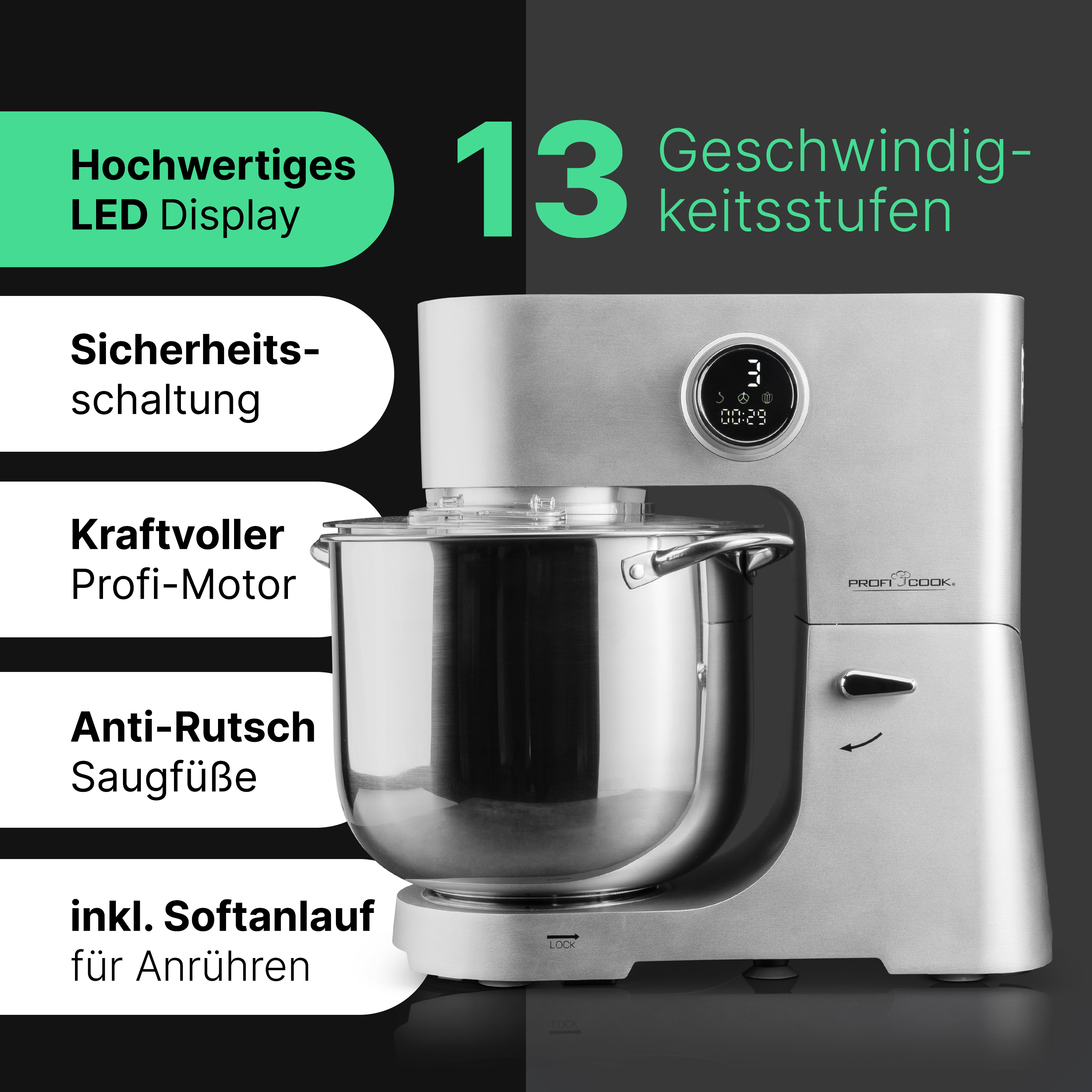 Silberfarbener Küchenmixer mit Textbeschriftungen und Display.