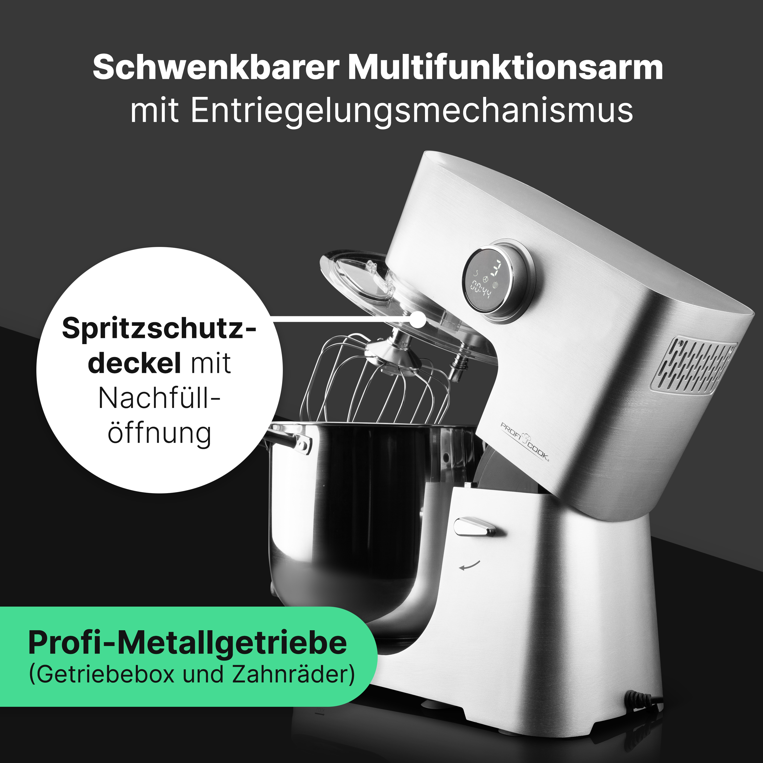 Silberner Küchenmixer mit offenem Arm, Schneebesen und schwarzem Hintergrund, Text vorne.