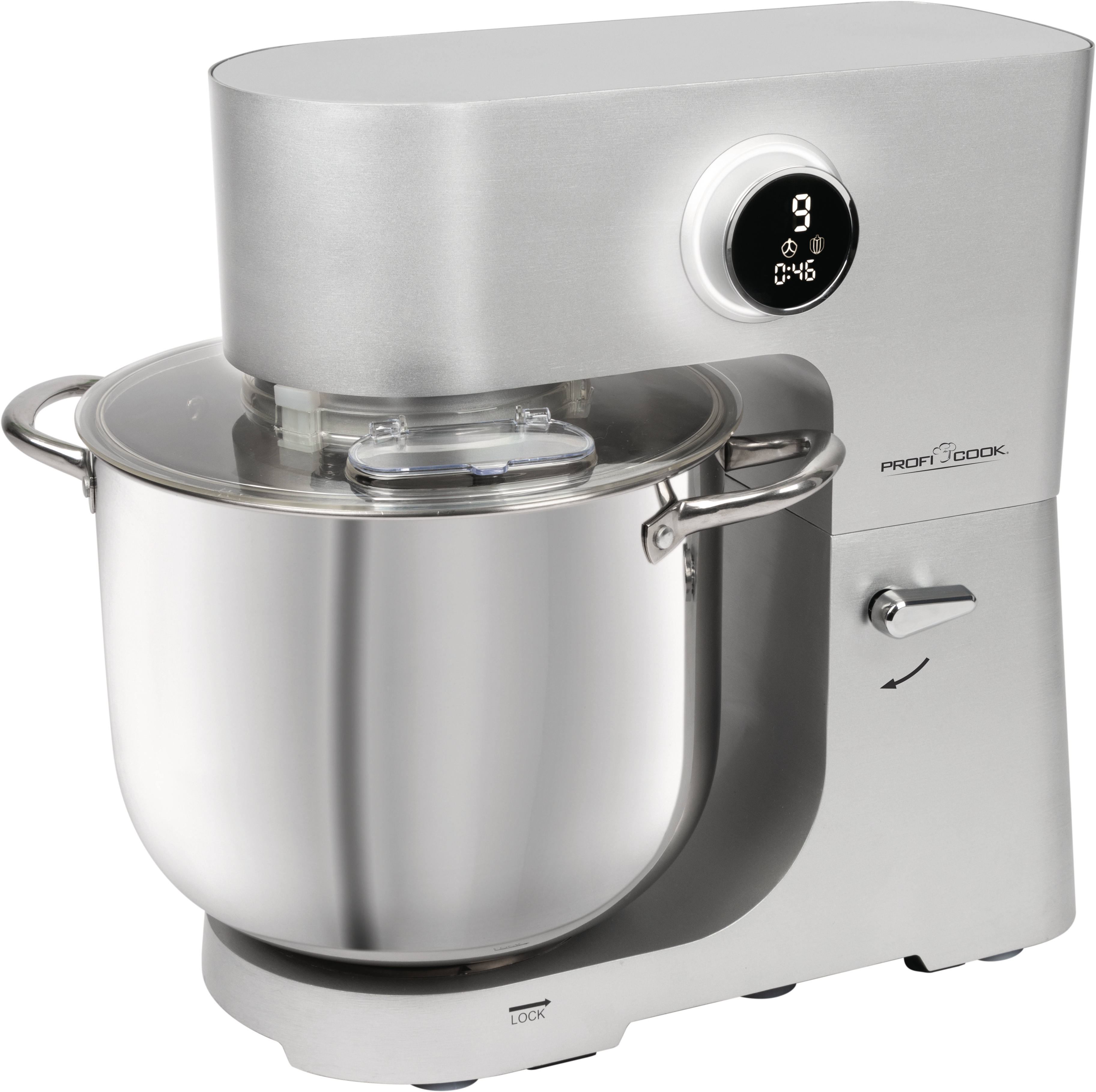 Ein silberner Küchenmixer mit Schüssel, Timer-Anzeige und Bedienknopf.