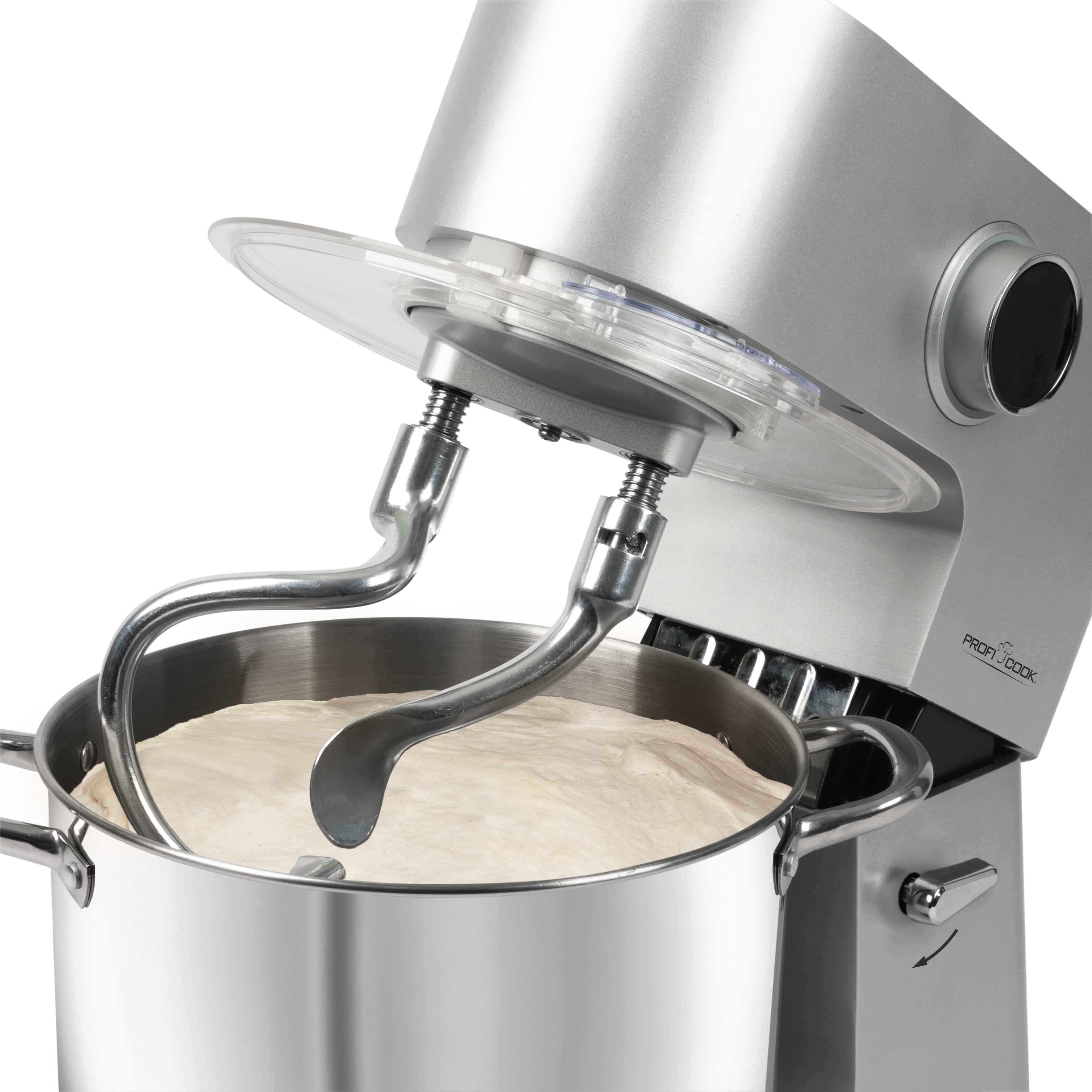 Ein silberner Profi Cook Mixer mit Teig und Knethaken.