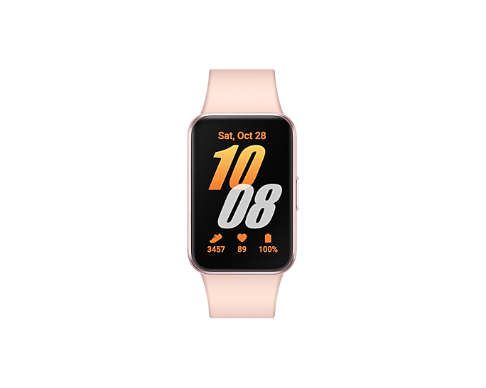 Rosa Smartwatch zeigt Datum und Uhrzeit. Armband ist rosa. Schwarzer Hintergrund.