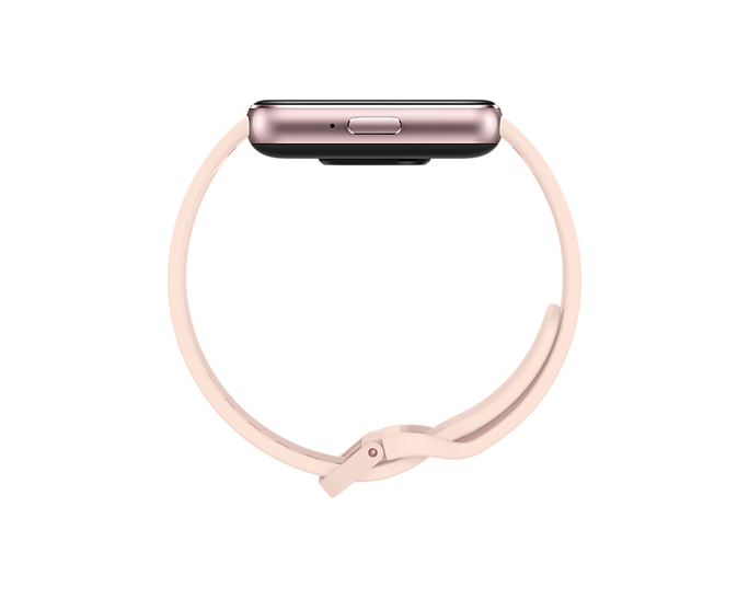 Roségoldene Smartwatch mit hellrosa Armband. Seitenansicht, zeigt eine Taste und die Krümmung des Bandes.