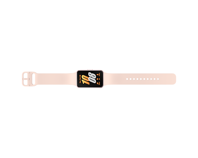 Eine rosa Smartwatch mit passendem Armband, auf schwarzem Hintergrund. Die Uhr zeigt ein Datum an.