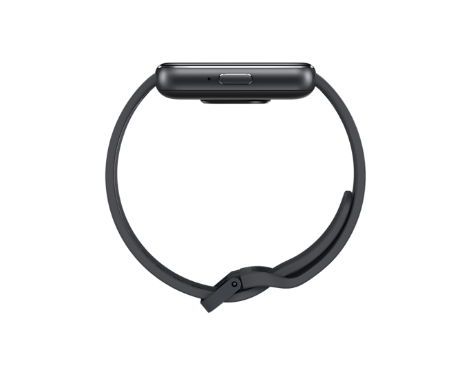 Fekete okosóra, oldalnézet, a szíjjal rögzítve, elegáns, ívelt dizájnnal.