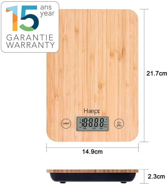 Bamboo kitchen scale with digital display. Shows weight, milk, and water.