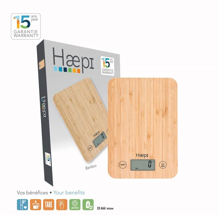A bamboo kitchen scale and its packaging are displayed on a white surface.