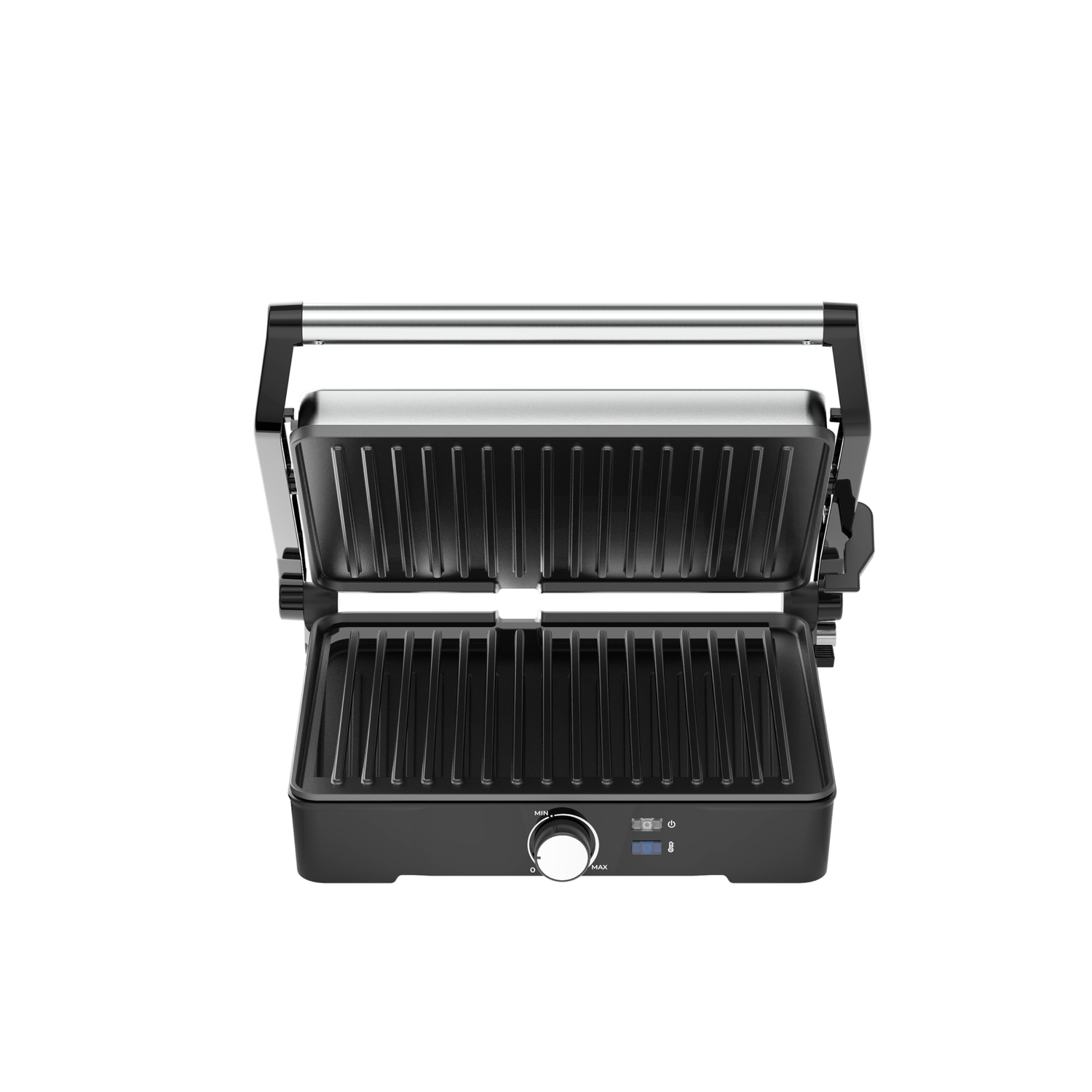 Black electric grill, top view, open, showing grill plates and control panel.