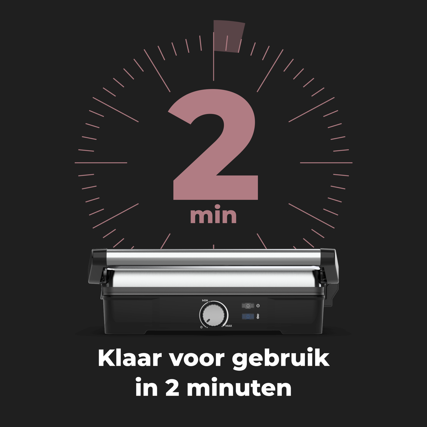 Black grill and a clock displaying 2 minutes. Text reads: Ready to use in 2 minutes.