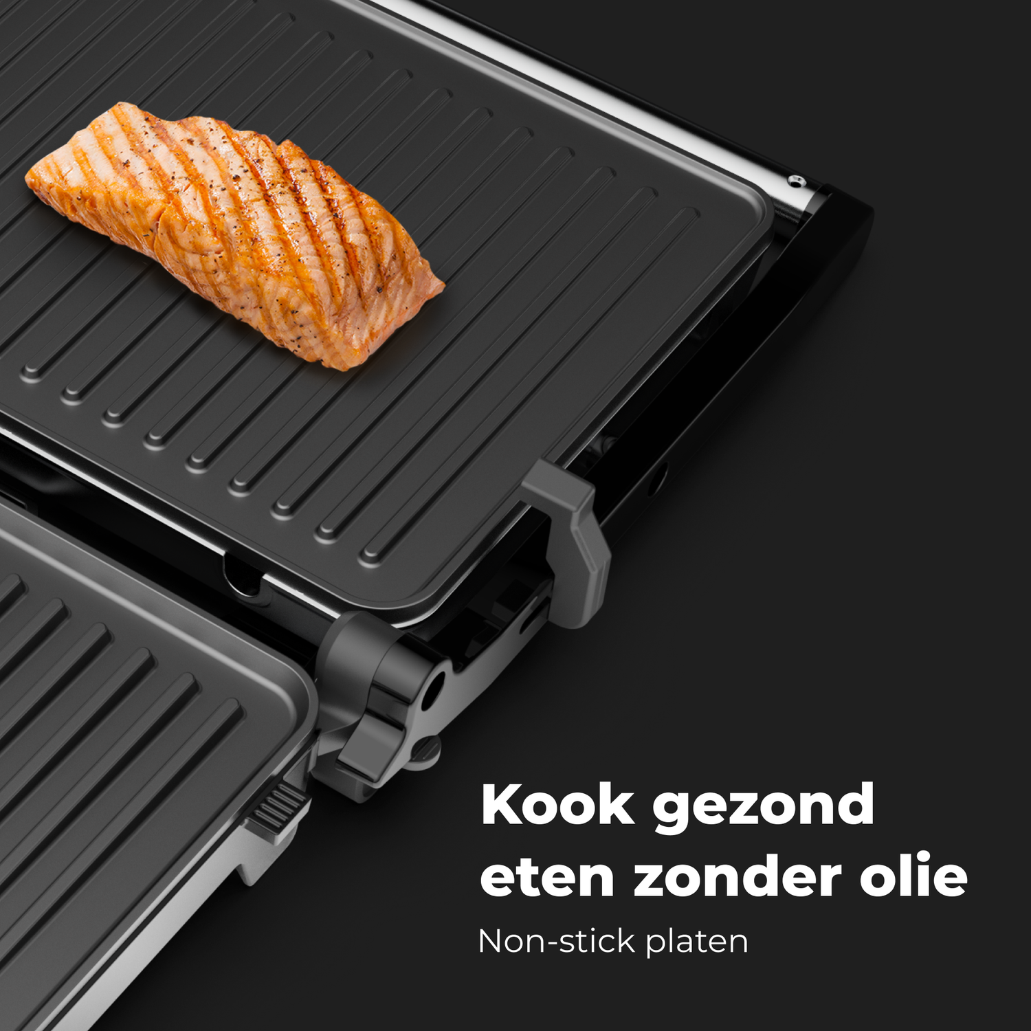 Grill with cooked salmon. Salmon is placed on the grill plate. Text says 'Cook healthy eat without oil'.