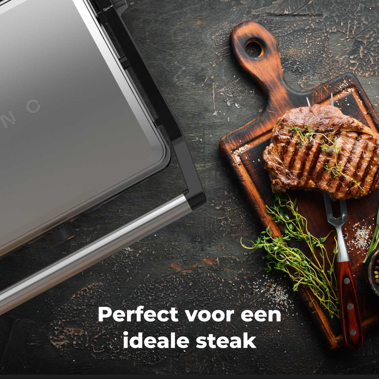 Grilled steak on a wooden board with a fork. A grill is at the top left corner.
