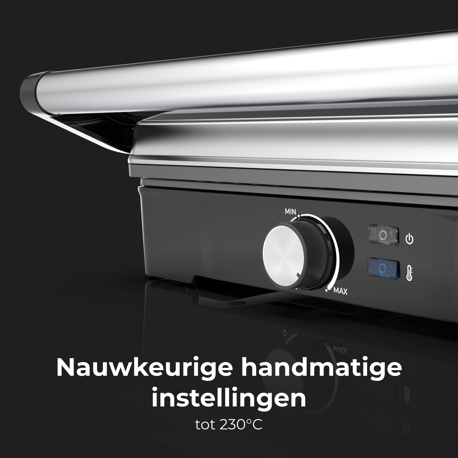 Close-up of a black and silver grill with a control knob, and text.