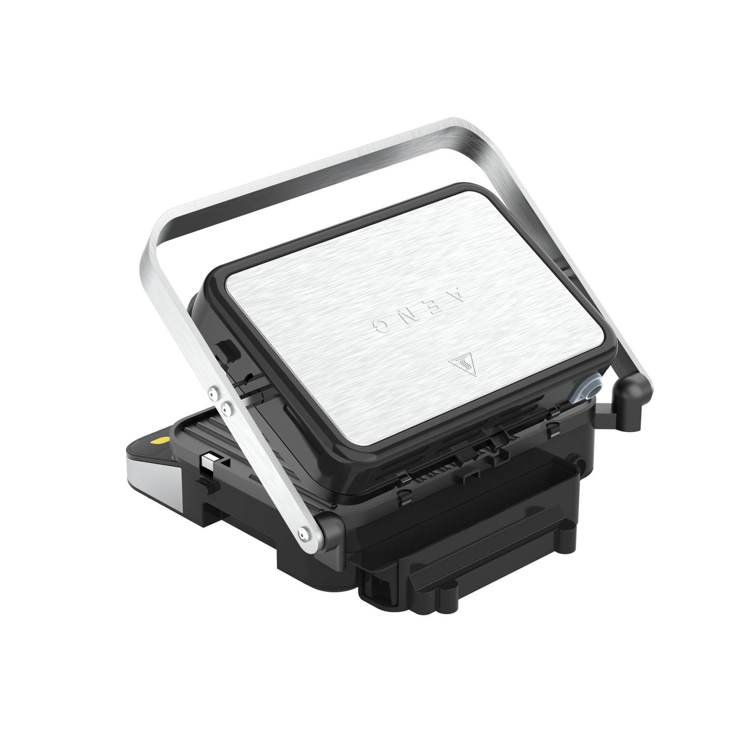 Black and silver panini press. The top is open.