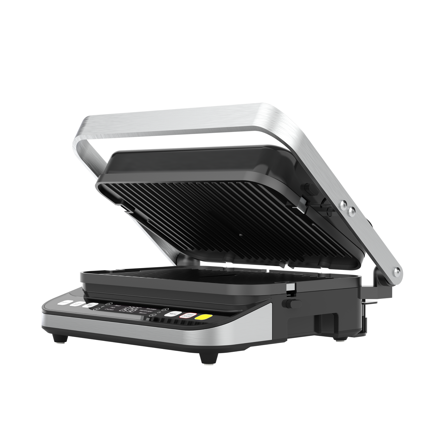 An open grill with a silver handle and black grilling plates, on a white background.