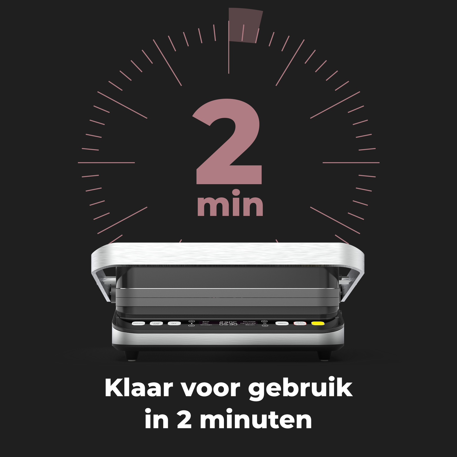 Grill with a timer showing 2 minutes, black background.