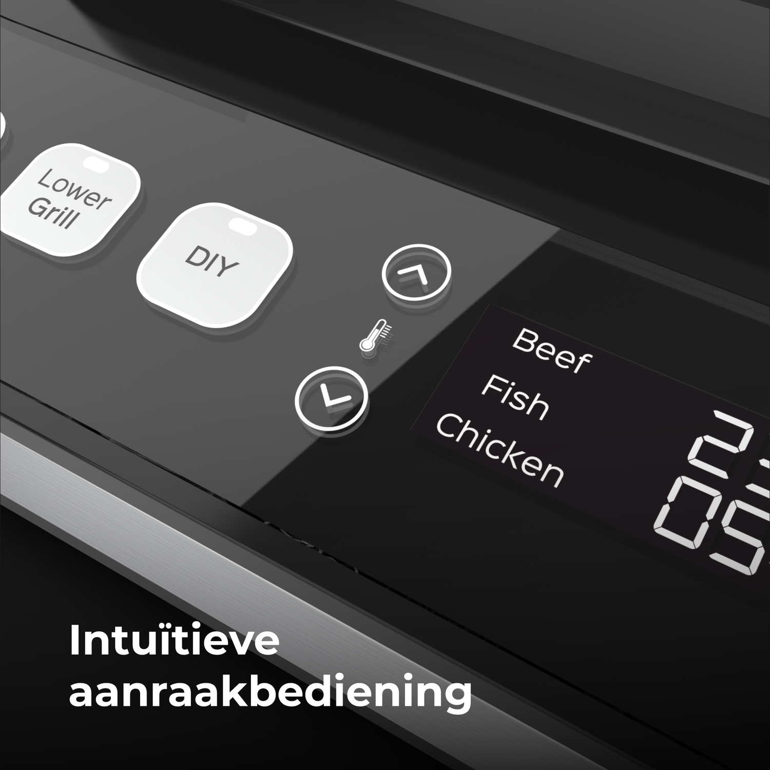 Black and white image of a control panel with touch controls.