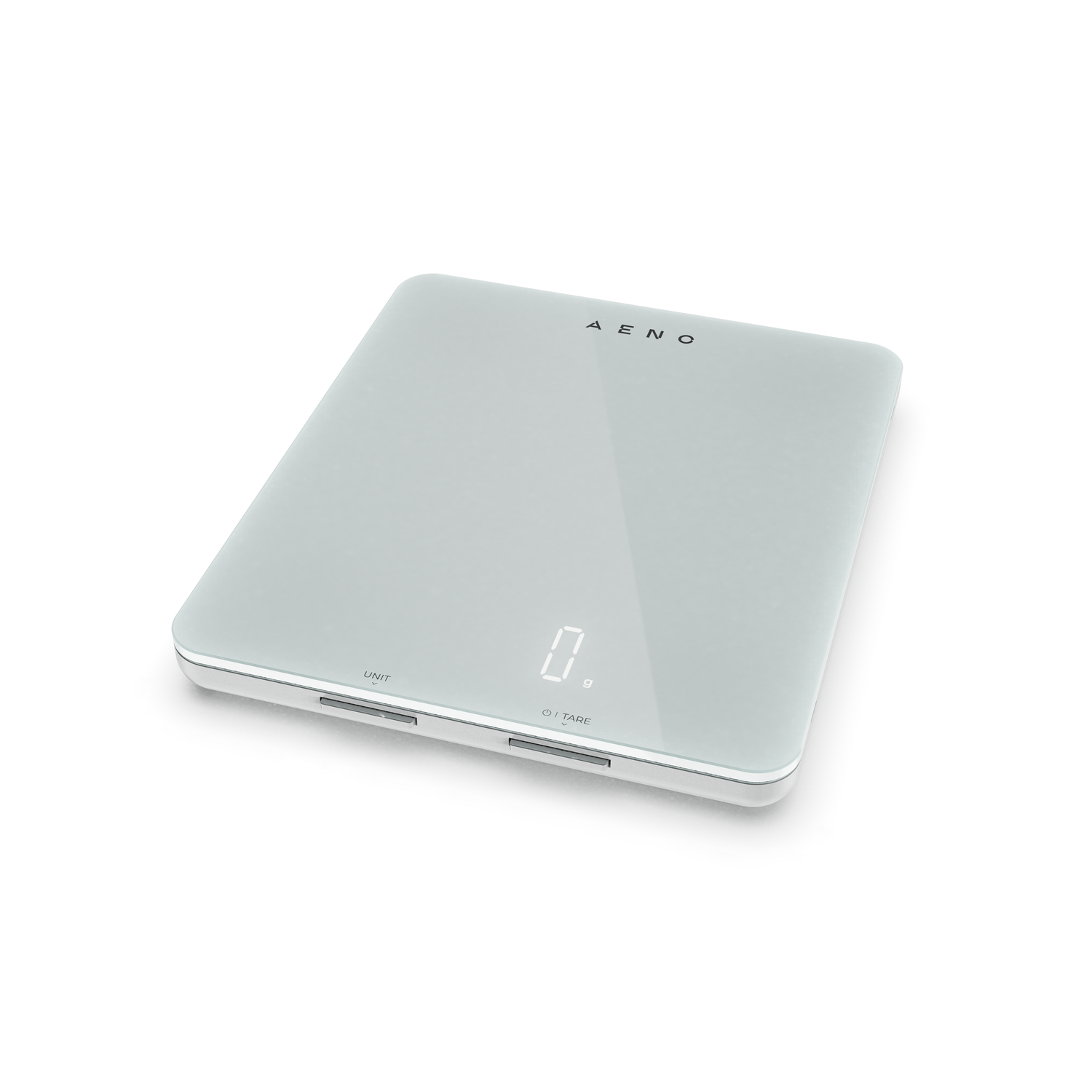 A white digital scale with a digital display showing 0.0g. The unit and tare buttons are visible.