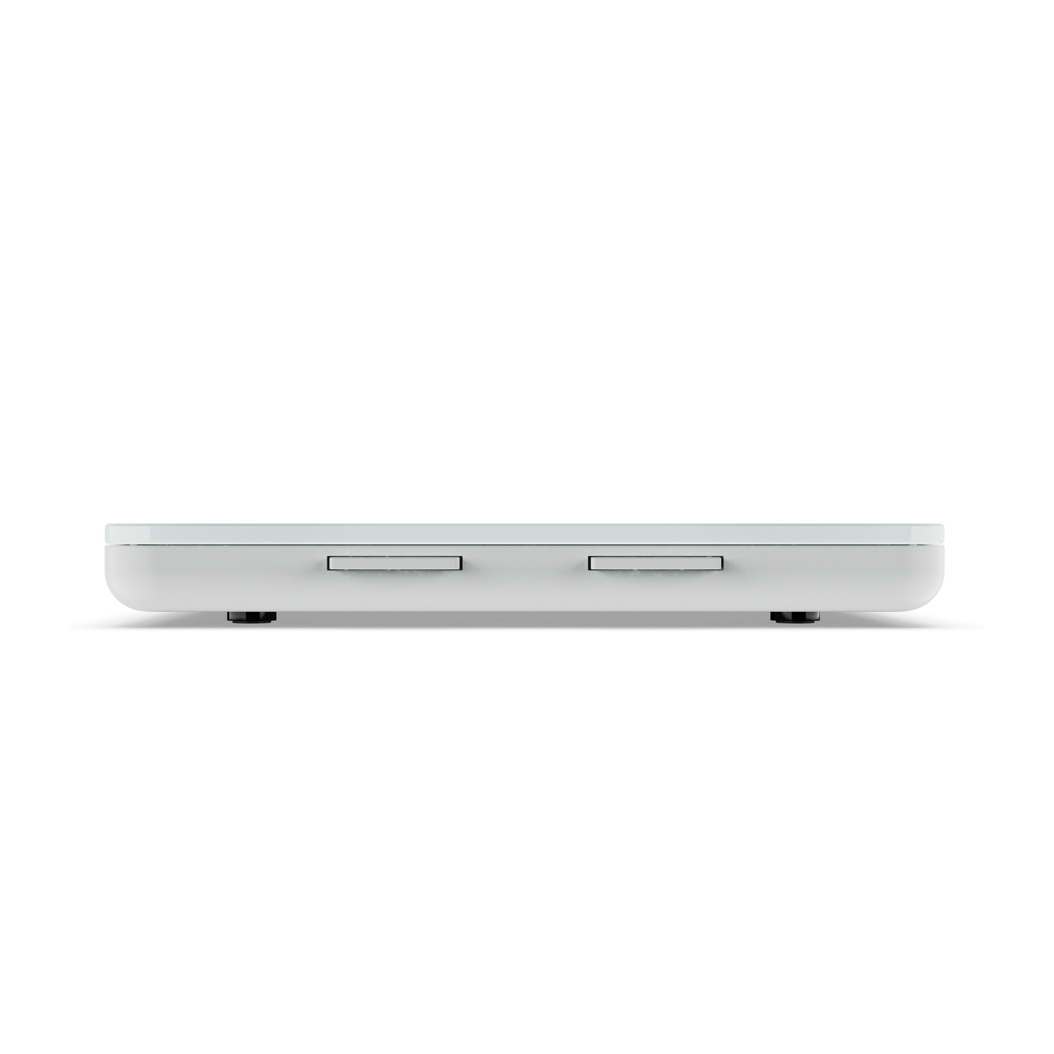White electronic scale, top view, with two buttons. White background.