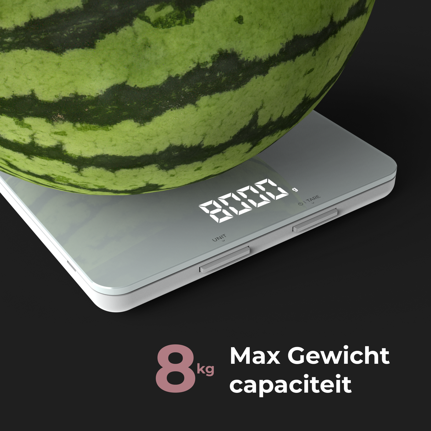 A scale with a watermelon on top showing 8000. Text reads: 8 kg max weight capacity.