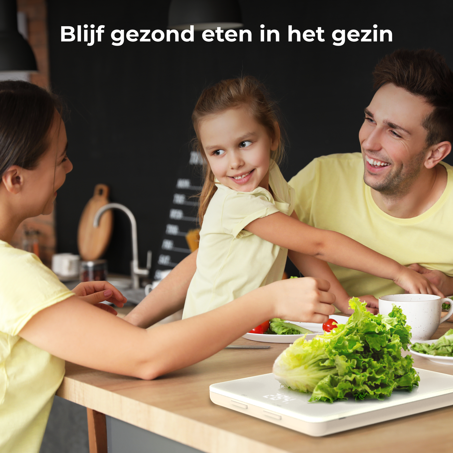 Family eating healthy food at a table, the child is reaching out.