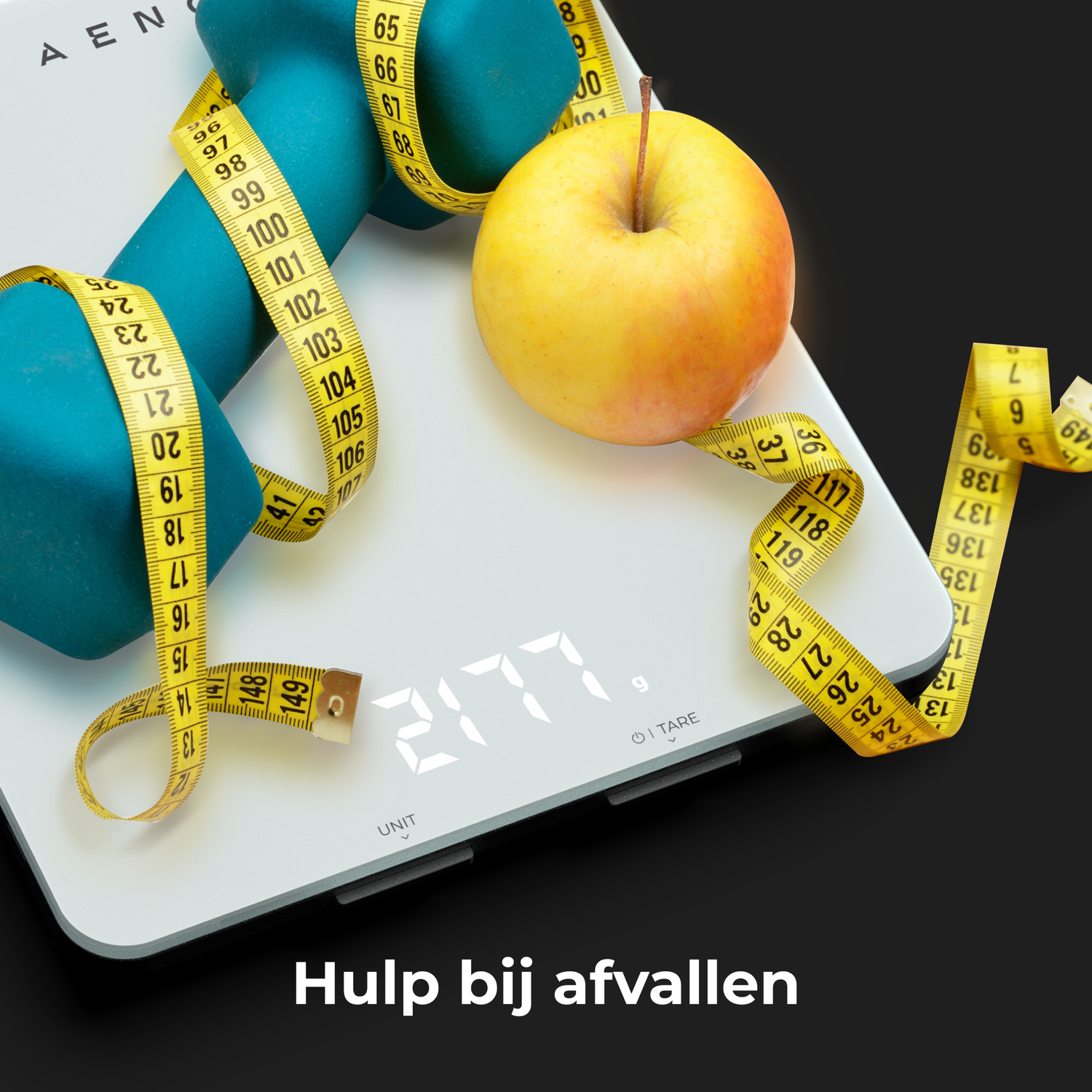 Dumbbell, apple, scale, and measuring tape on black background.