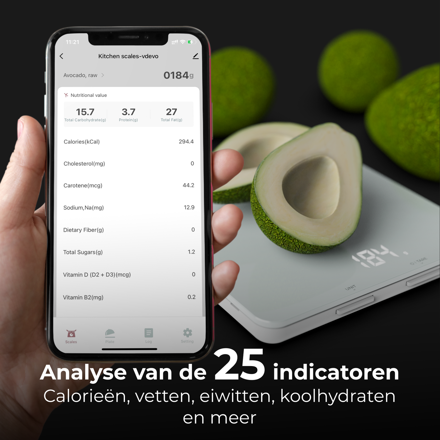 Hand holding phone with avocado data, avocados on the side.