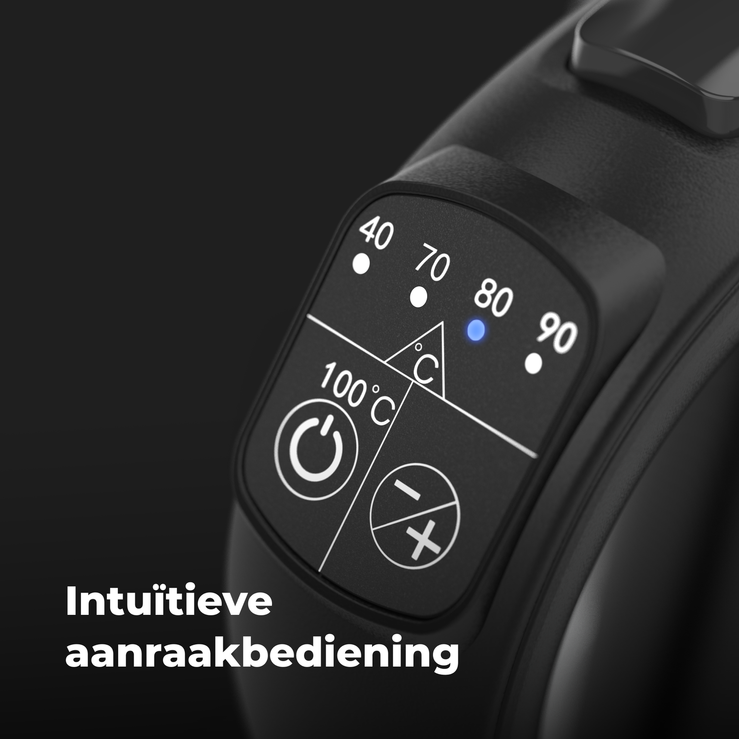 Een close-up van een zwart waterkokerbedieningspaneel. Het heeft temperatuurinstellingen en intuïtieve aanraakbediening.
