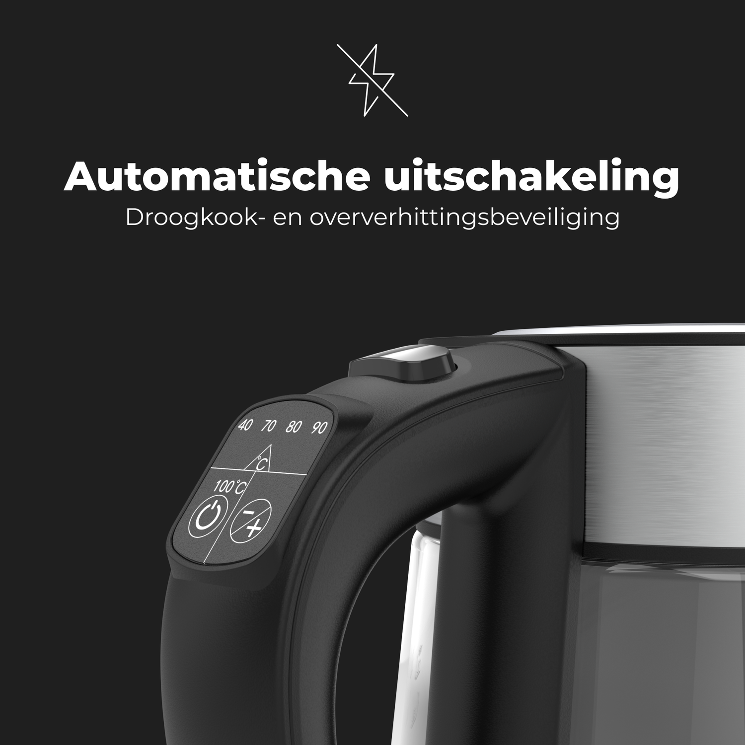 Waterkokerhandvat met bedieningsknoppen, zilver en zwart, witte achtergrond.