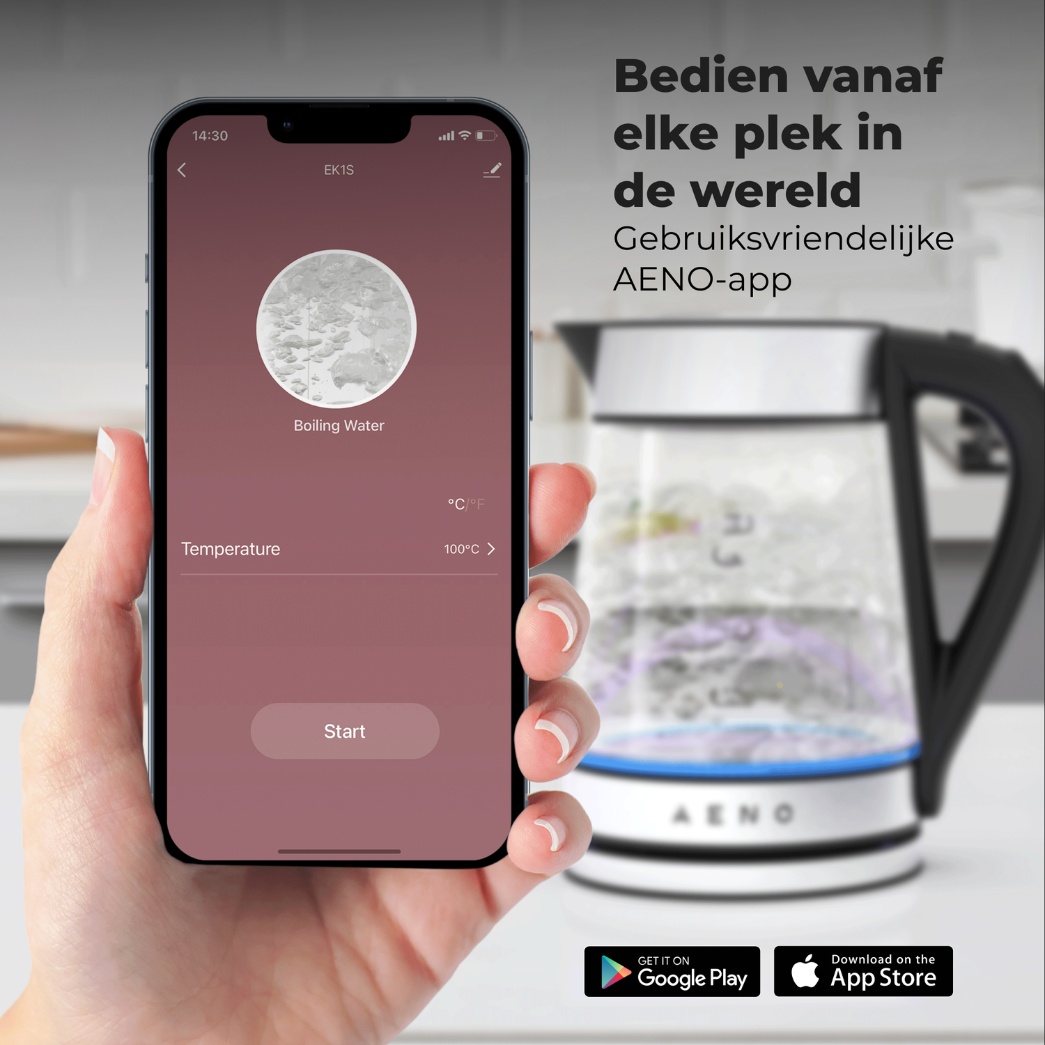 Een smartphone toont een app. Een waterkoker staat op de achtergrond. Tekst: Kokend water, 100°C.