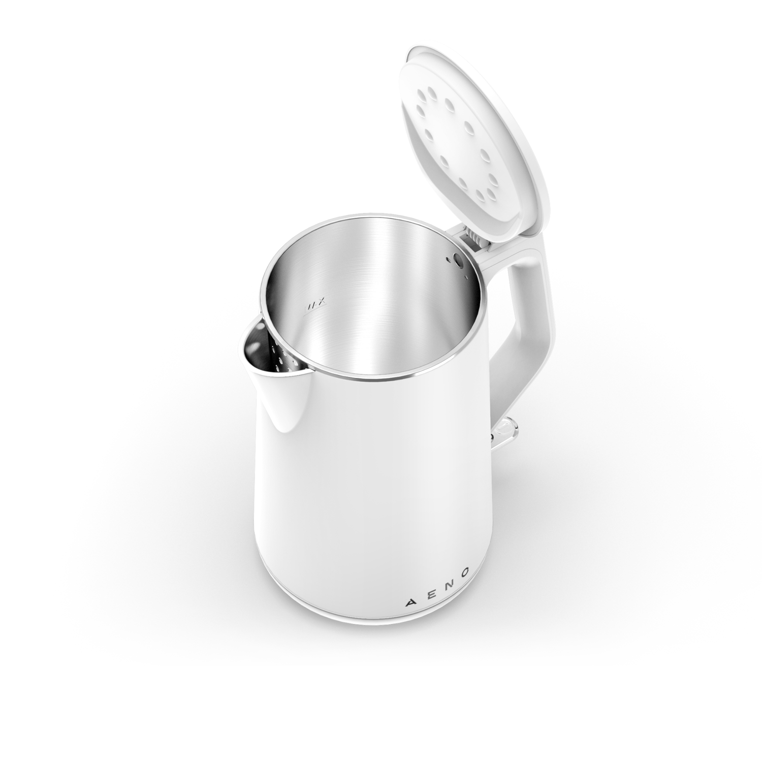 White electric kettle with an open lid, showing the interior, on a white background.
