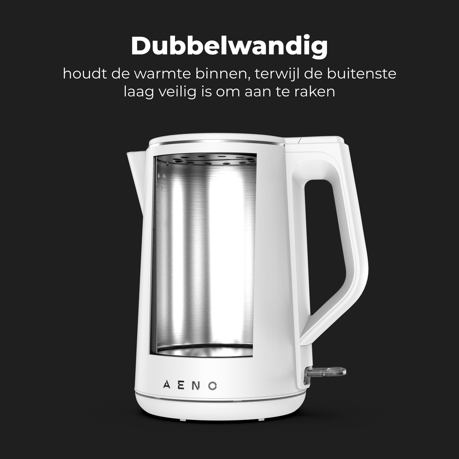 White kettle with a cutaway showing internal metal, and text in Dutch on a black background.