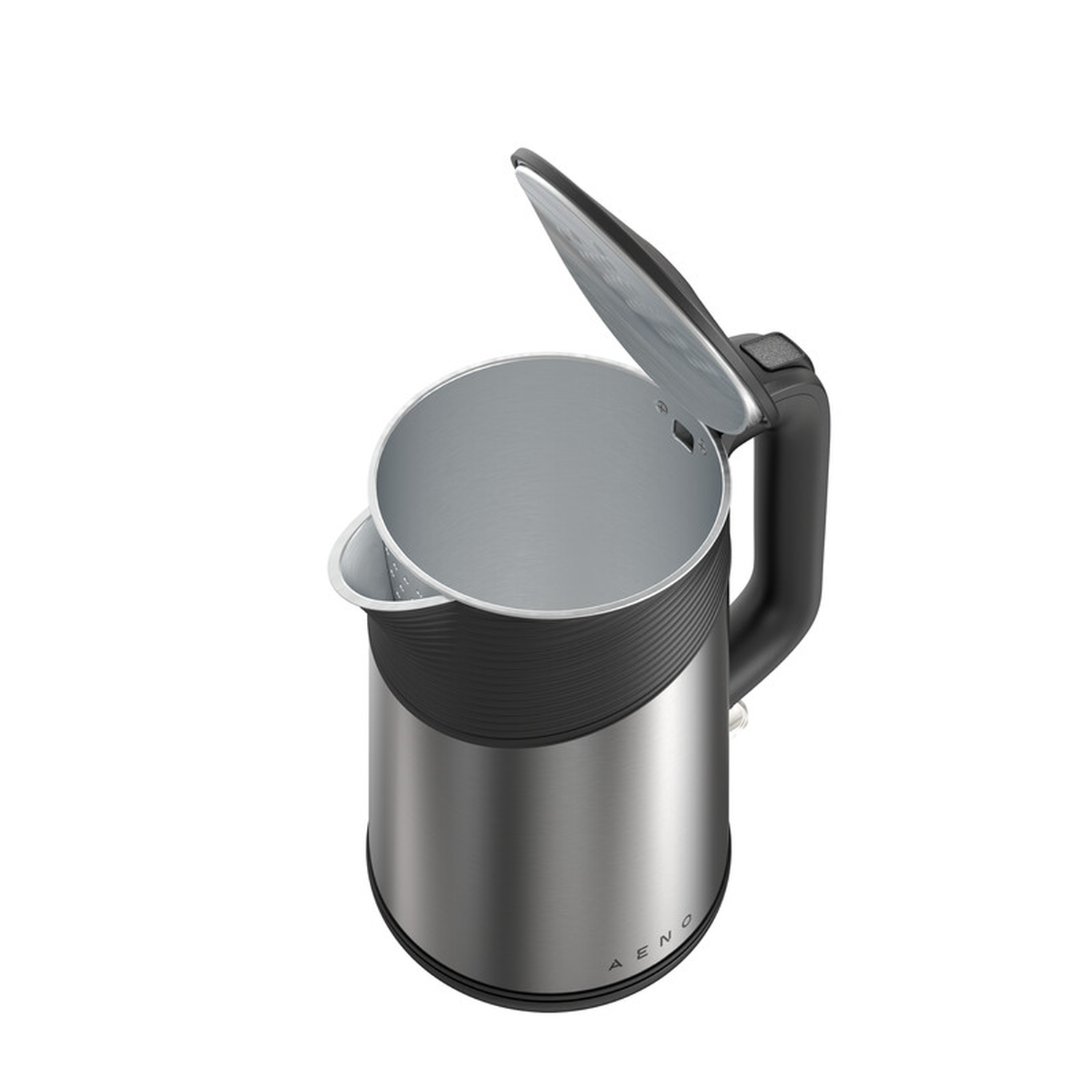 Zilver-zwarte AENO waterkoker met open deksel, op een witte achtergrond.