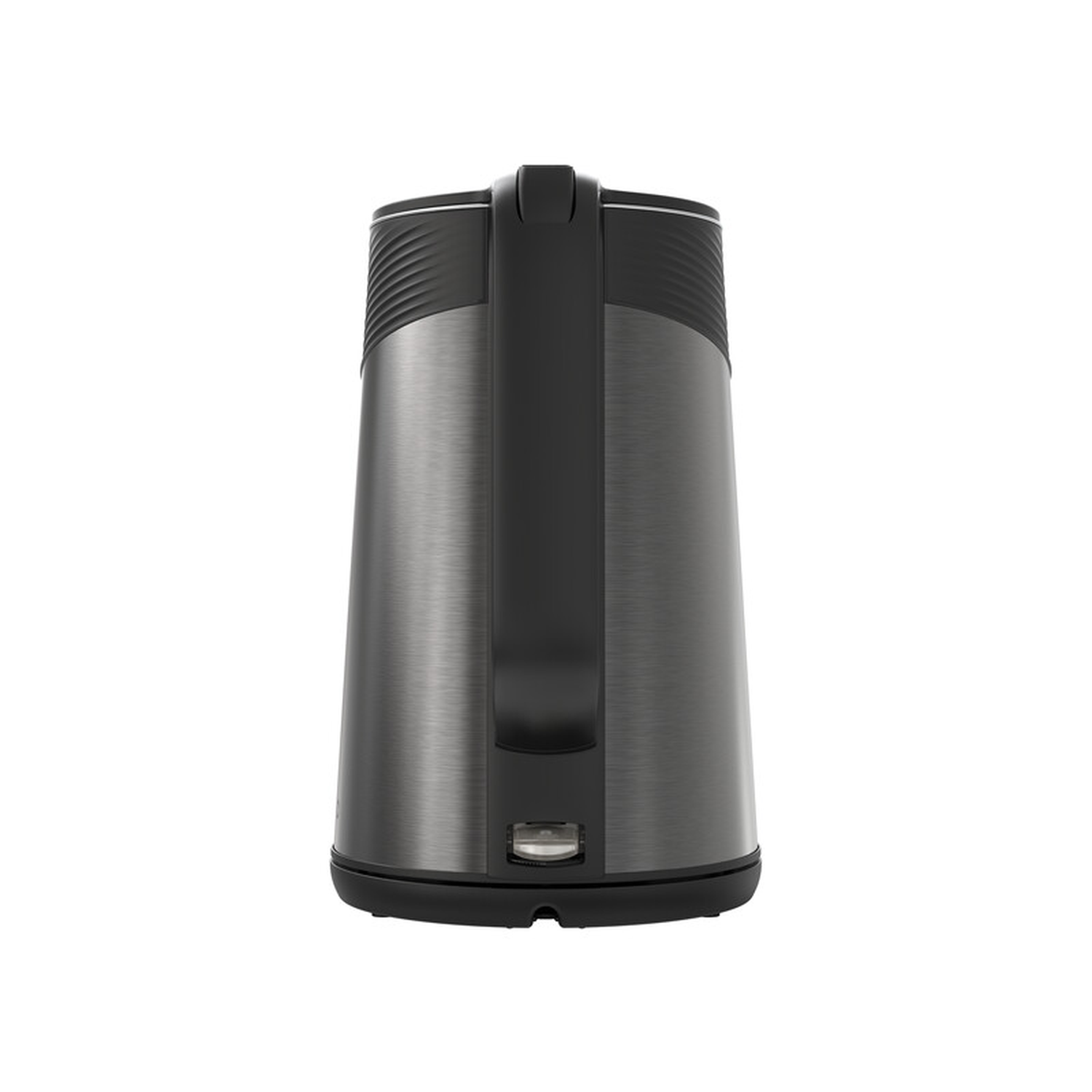 Een strakke, donkere metalen waterkoker. Eenvoudig ontwerp, minimale knoppen. Een handvat zit bovenop.