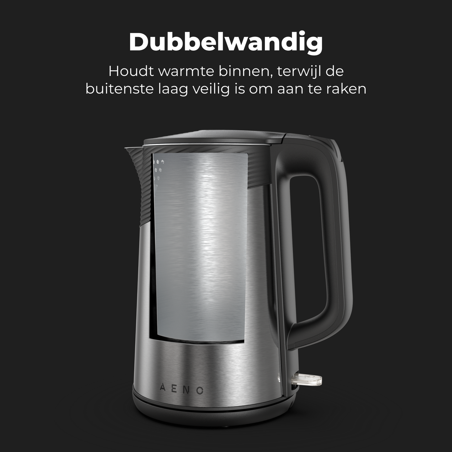 Een zilveren en zwarte elektrische waterkoker met een handvat en een glazen venster.