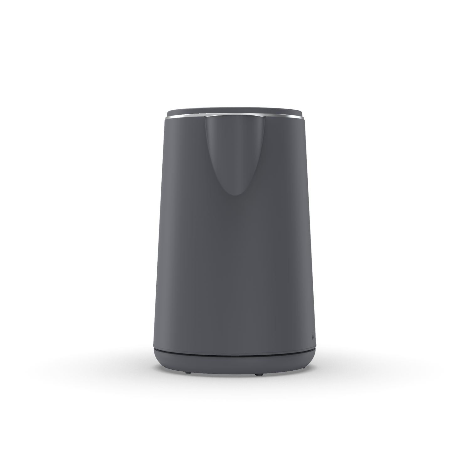 Gray electric kettle. Simple design with a handle and a base. White background.