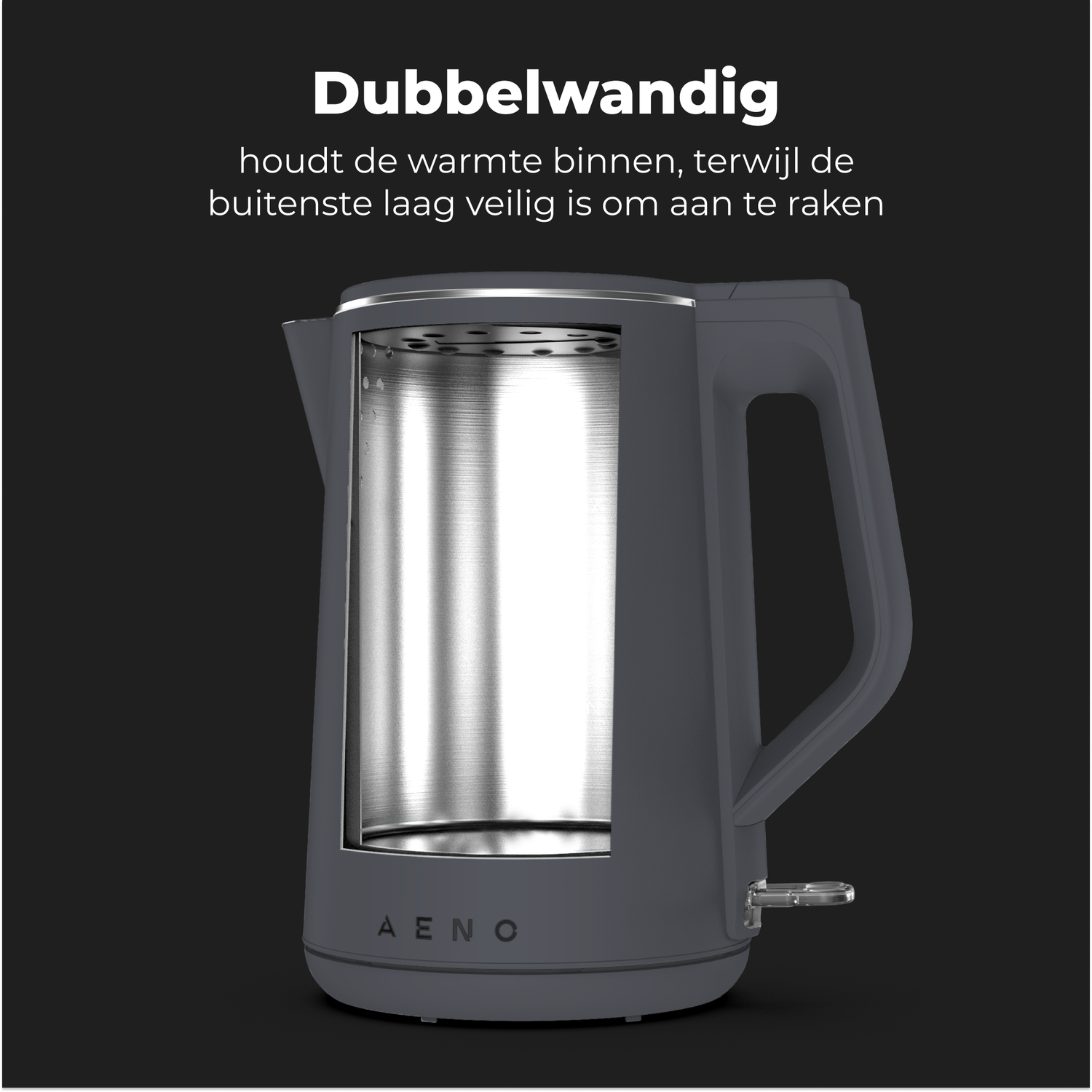Gray kettle with a stainless steel interior, cutaway view. It says 'Dubbelwandig' at the top.