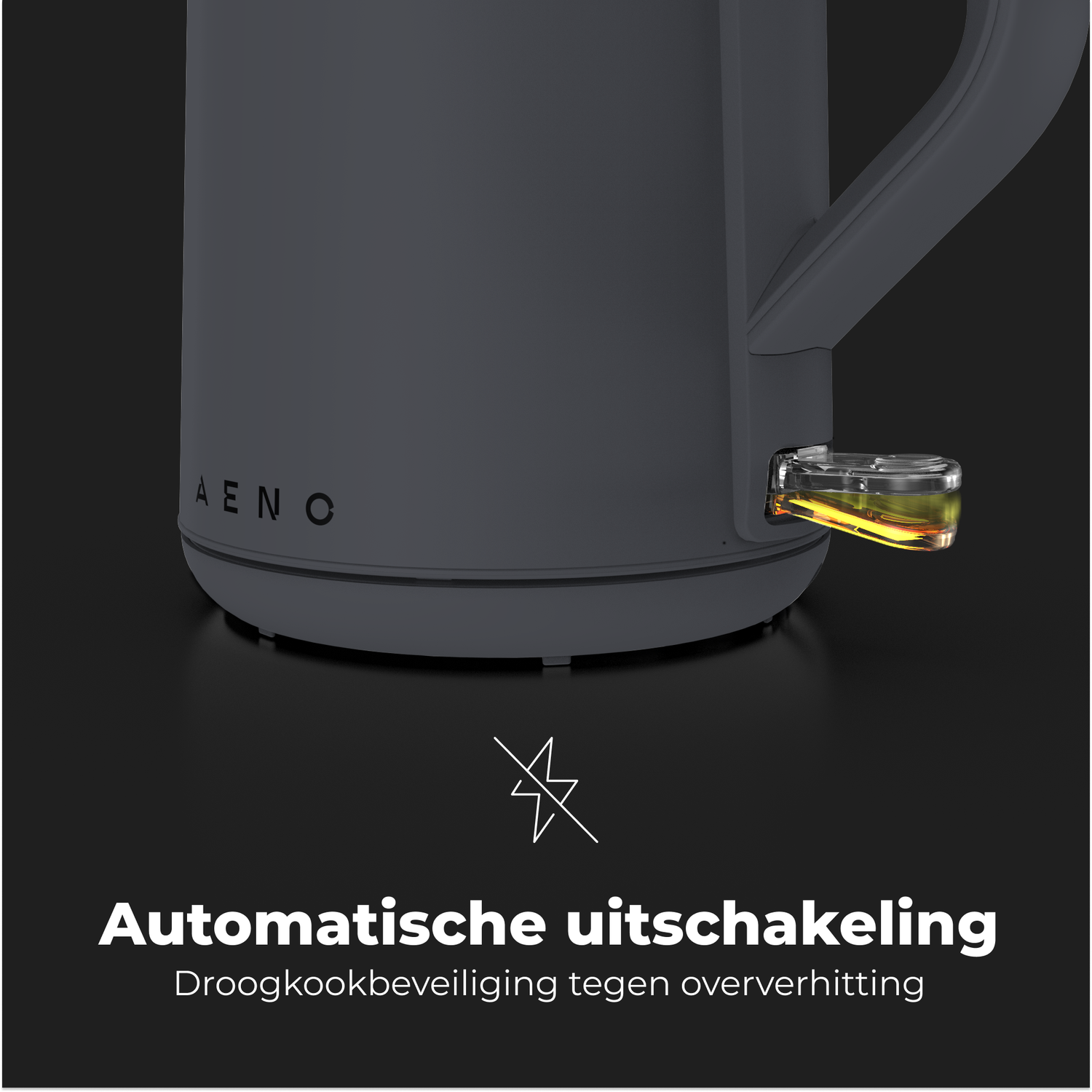 A dark grey electric kettle with a glowing light.