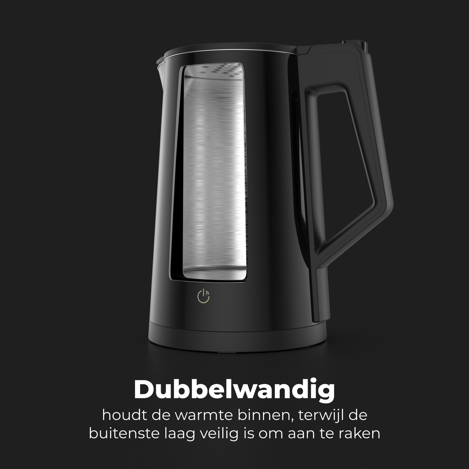 Black electric kettle with a glass window. Text in Dutch says 'Dubbelwandig'.