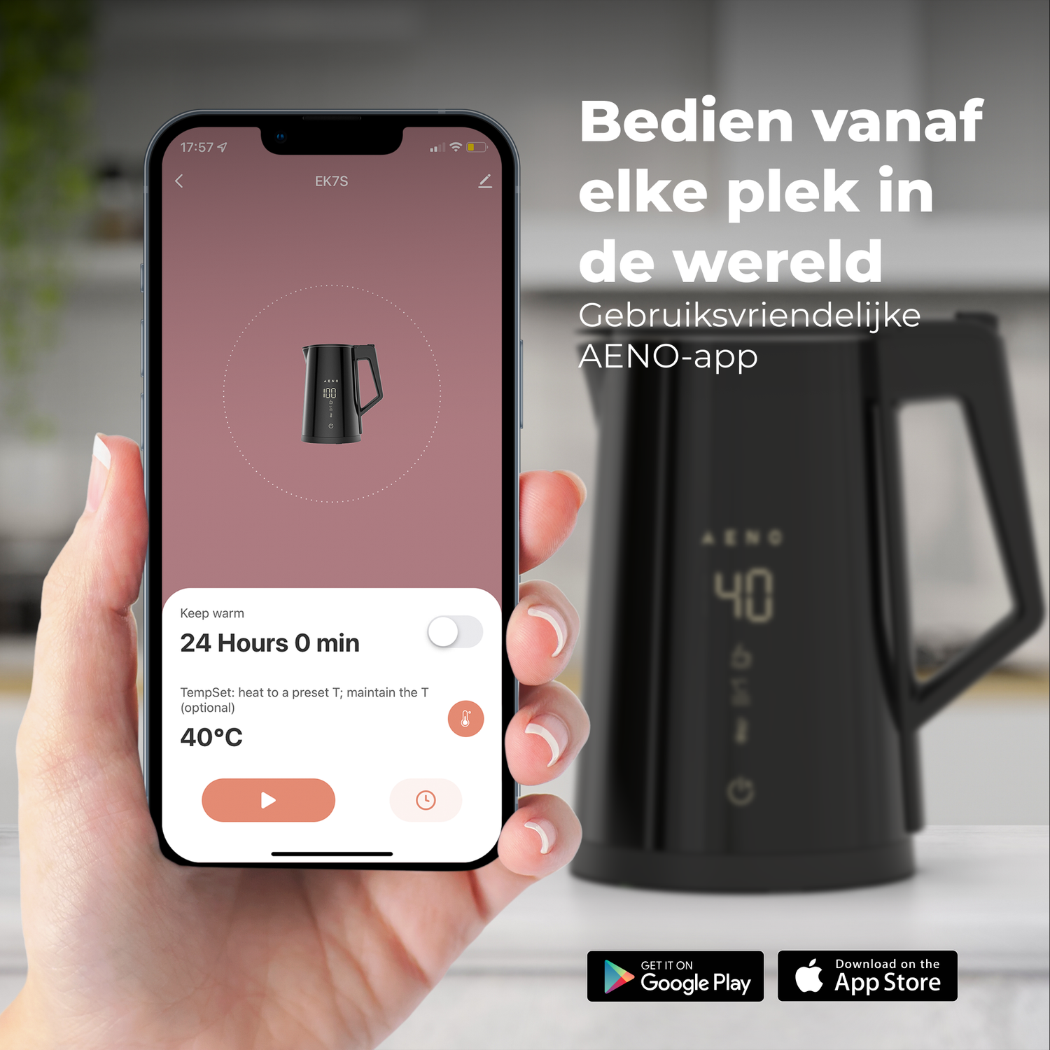 A smartphone screen displaying a smart kettle app, with a kettle nearby. Text: 'Bedien vanaf elke plek'.