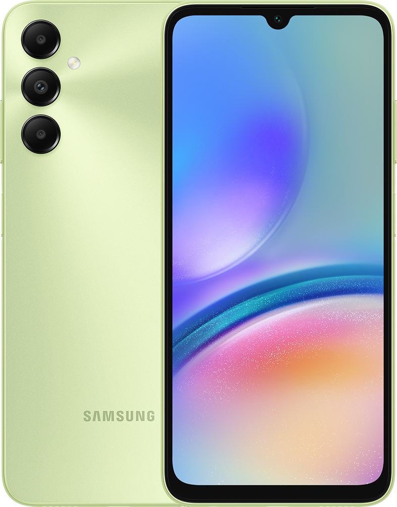 Zöld telefon három kamerával és Samsung logóval, világoszöld háttér.
