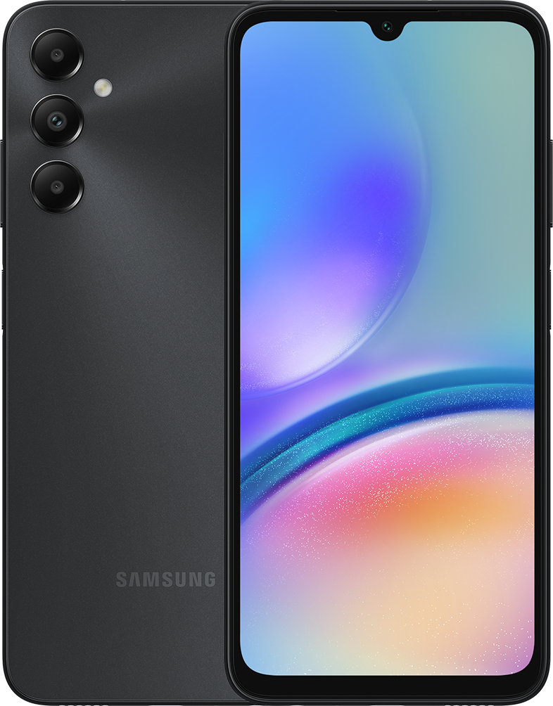 Sötétszürke Samsung telefon, hátul három kamerával, elöl teljes képernyővel.