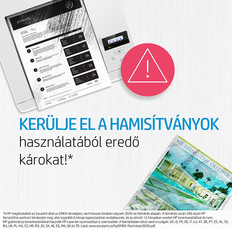 Egy nyomtató, dokumentumok és egy figyelmeztető jel, magyar nyelvű szöveggel a hamis termékek elkerüléséről.