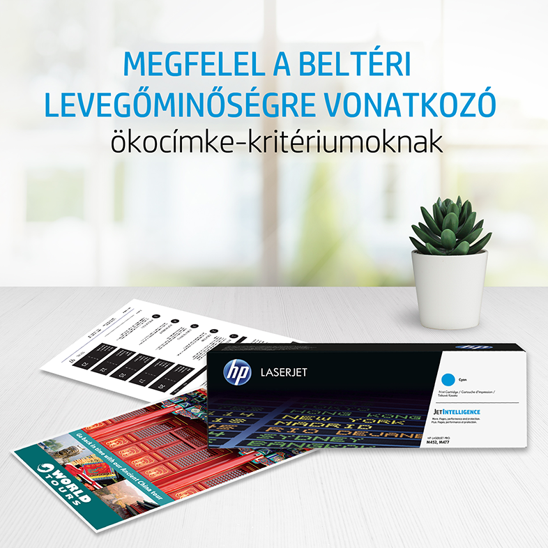HP LaserJet patron doboz, növény és dokumentumok. Fehér felület.