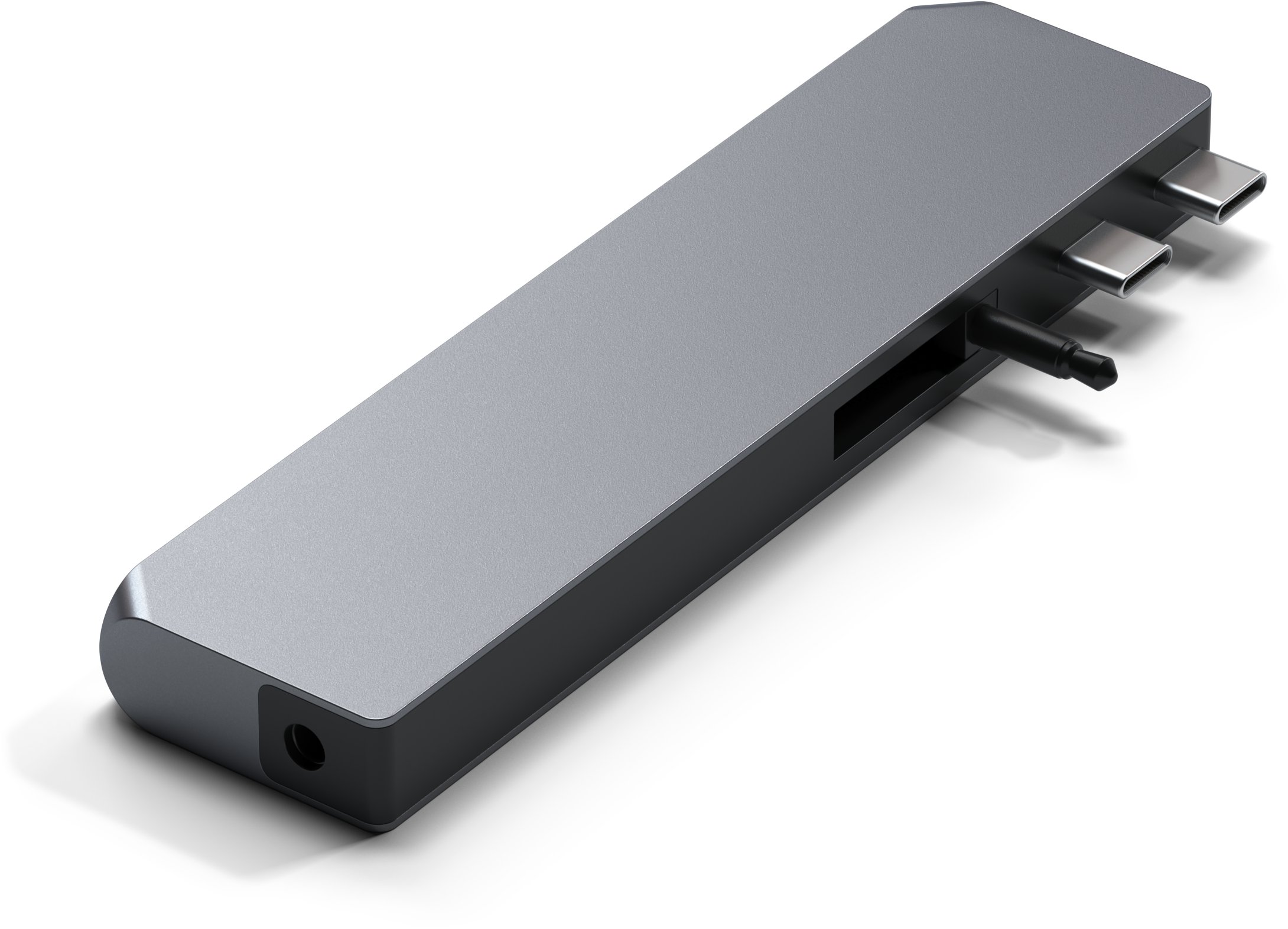 Ezüstszürke USB-C hub több porttal a csatlakoztatáshoz, beleértve a hangot és az USB-C-t.