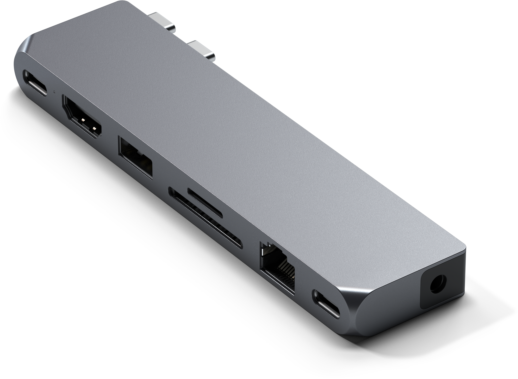 Ezüst USB-C hub HDMI, USB, Ethernet és SD kártya olvasó portokkal.