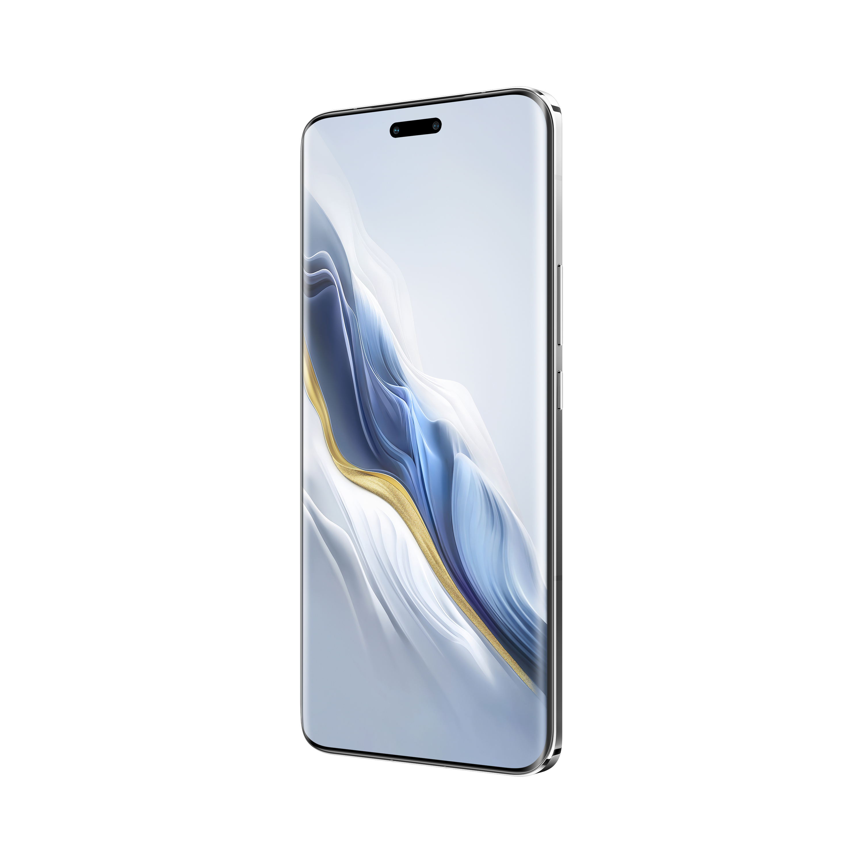 Smartphone mit gebogenem Bildschirm und Frontkamera. Das Telefon ist silber.