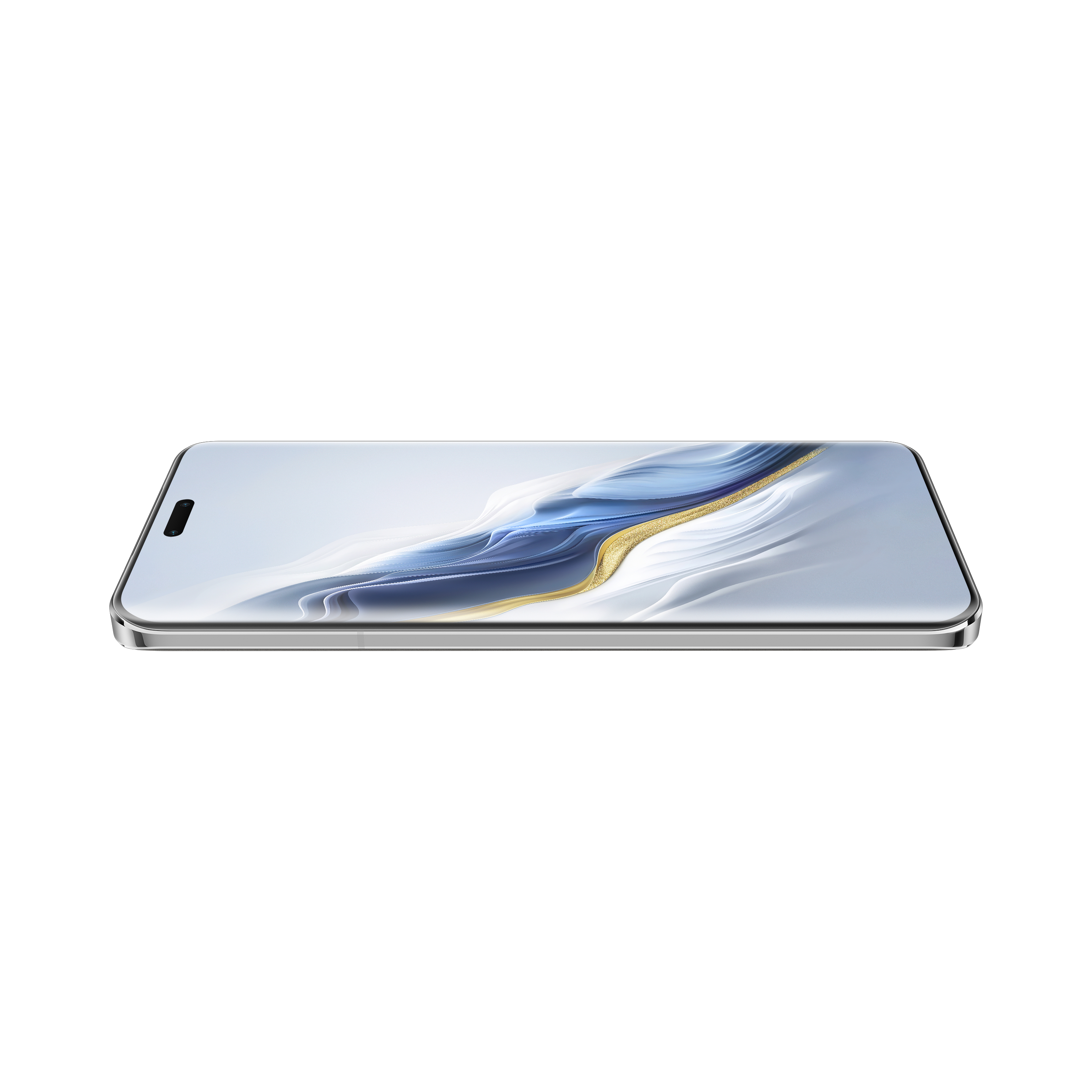 Ein silbernes Smartphone auf einer weißen Oberfläche mit einem farbenfrohen abstrakten Hintergrund.