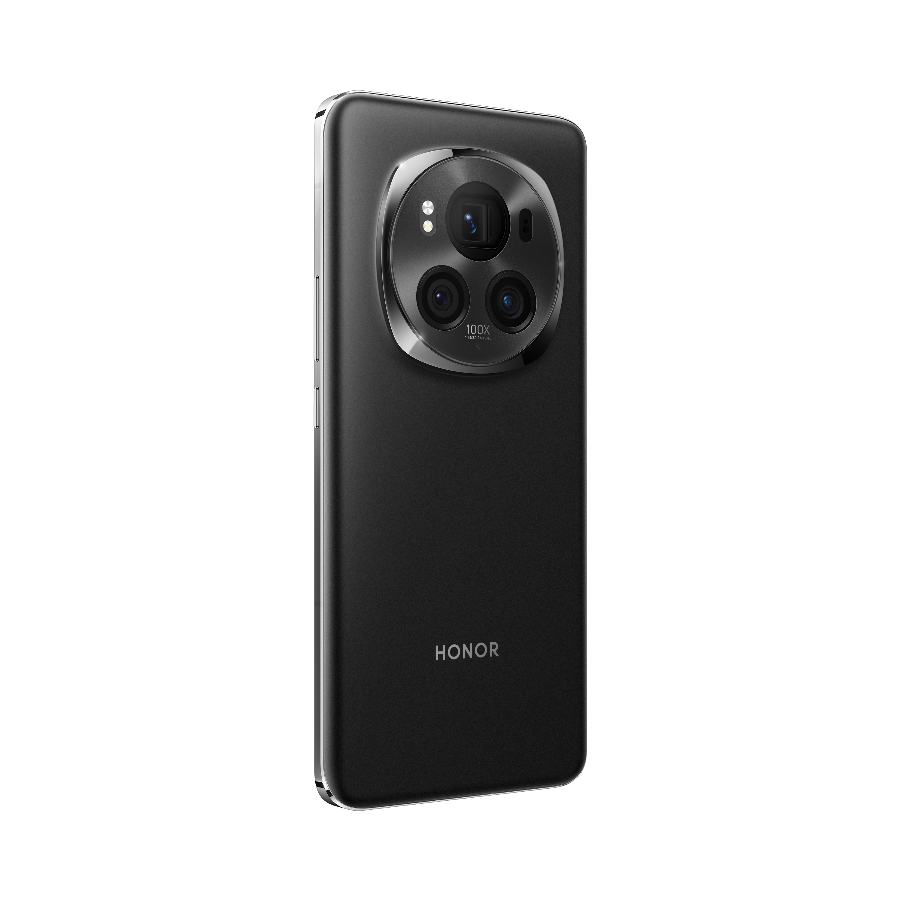 Rückseite eines schwarzen HONOR-Telefons, Dreifachkameramodul oben, HONOR-Branding, weißer Hintergrund.