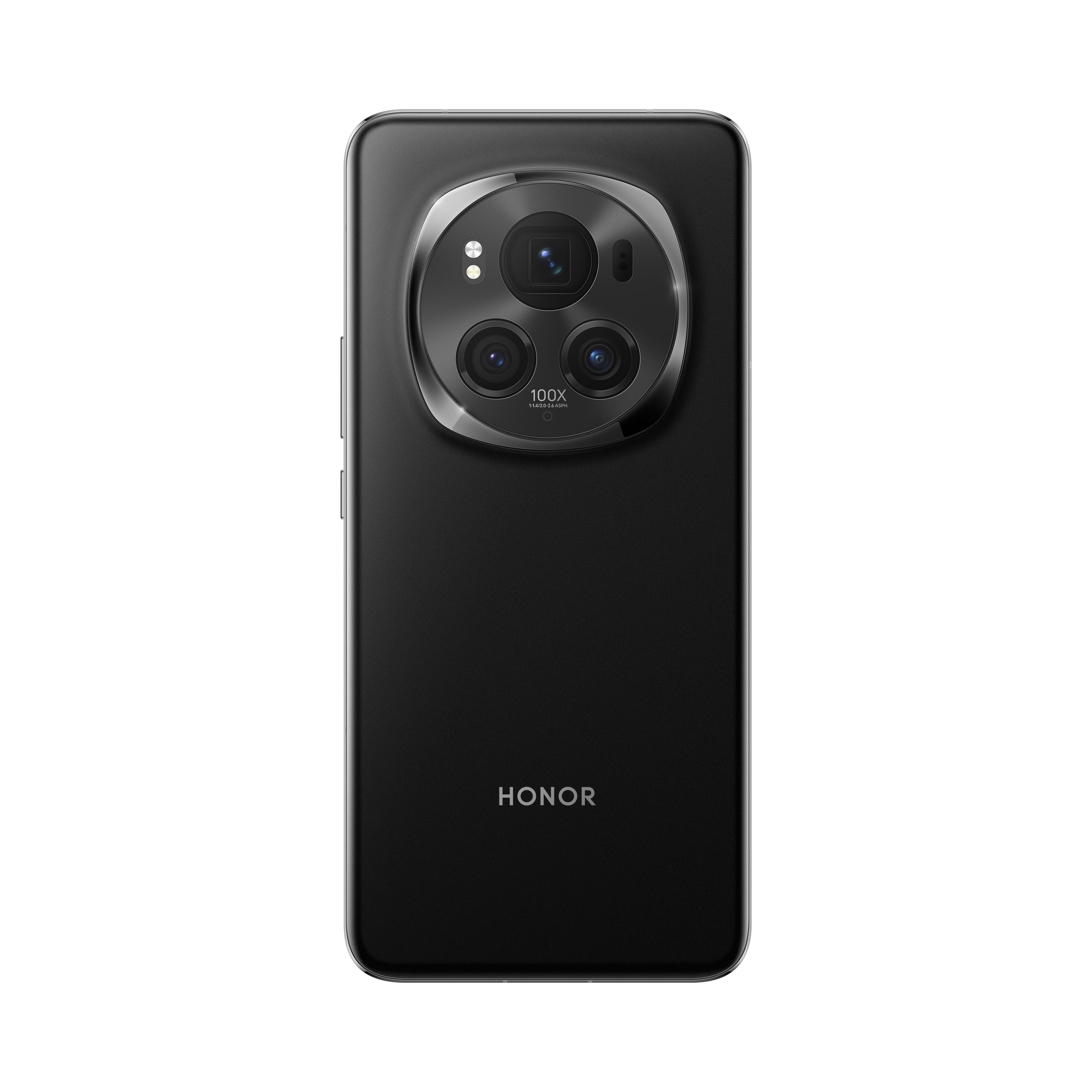 Ein schwarzes Smartphone mit einem prominenten Kameramodul auf der Rückseite. HONOR-Logo ist sichtbar.