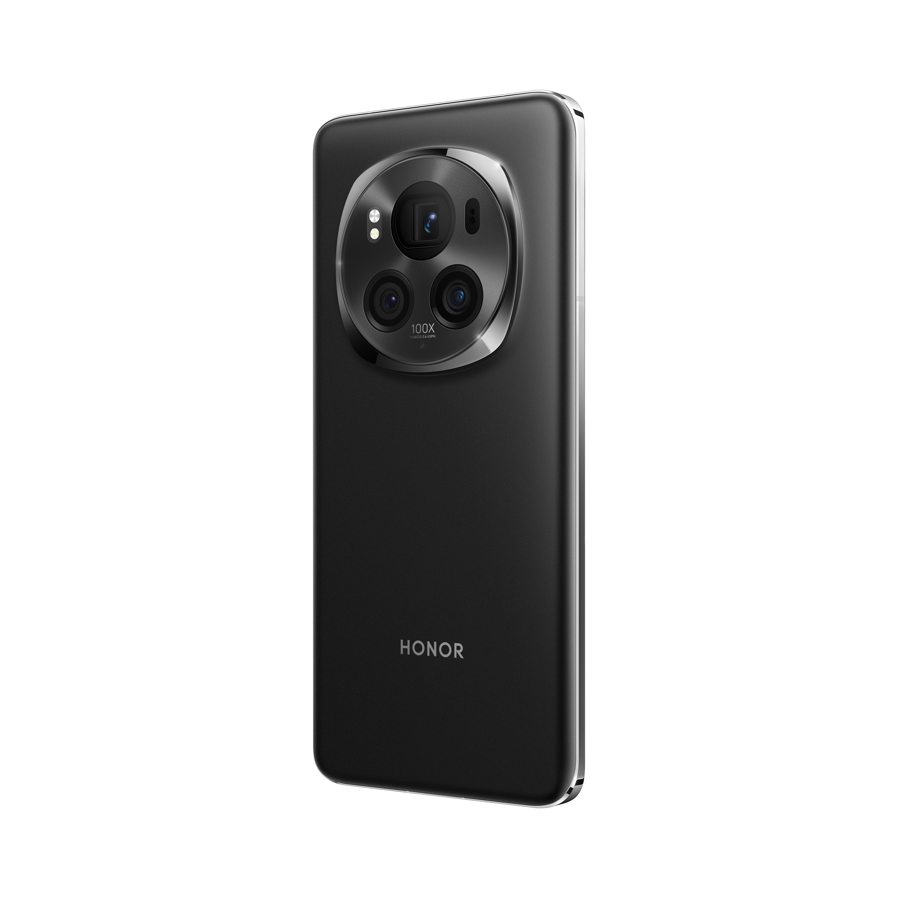Schwarzes HONOR-Smartphone mit großen Kameralinsen auf der Rückseite.