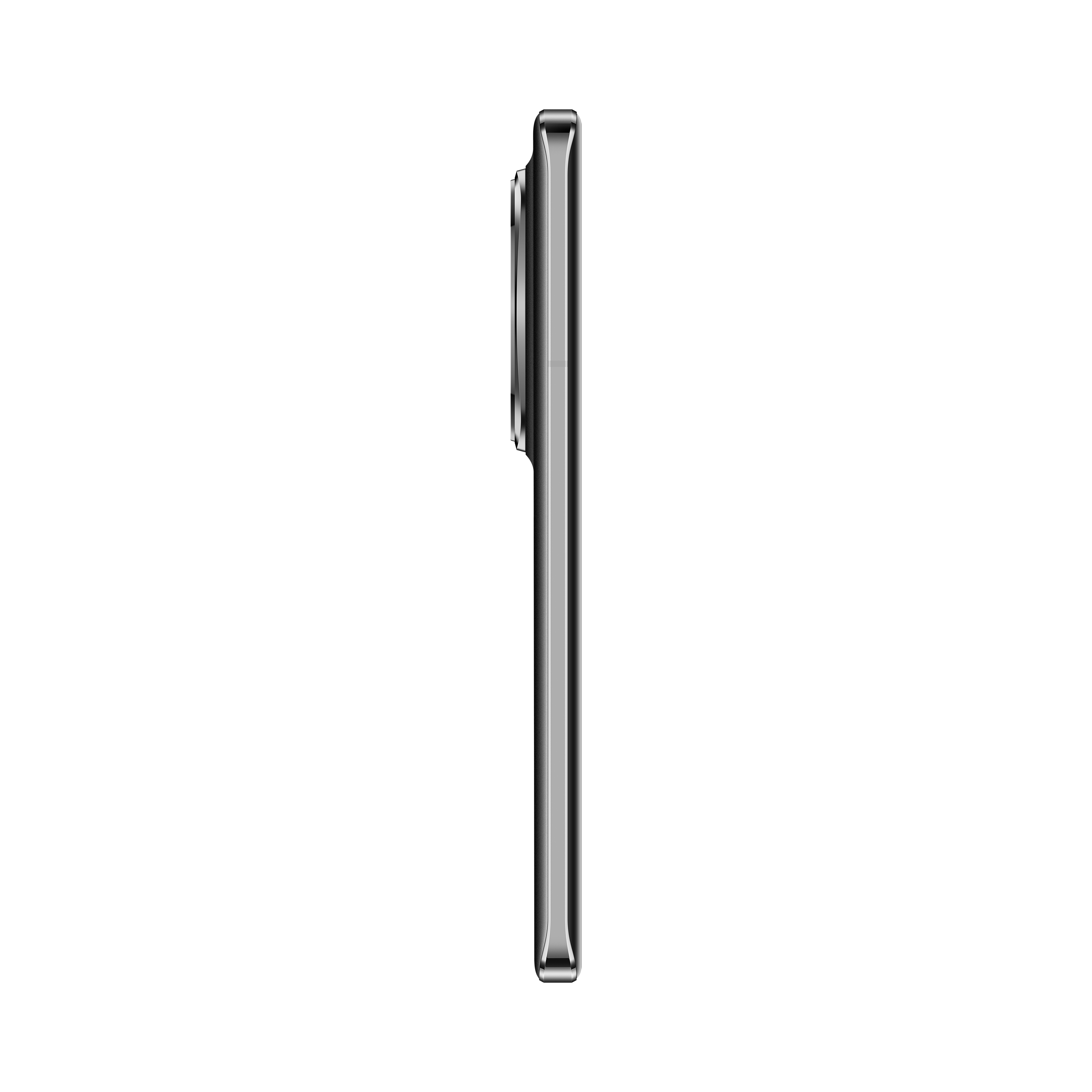 Eine Seitenansicht eines schwarzen Smartphones. Das Telefon ist schlank und hat eine Kameraausbuchtung.